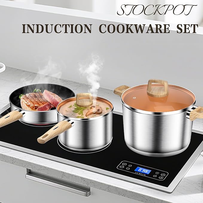 13-Piece Stainless Steel Cookware Set with Nonstick Frying Pans, Sauce Pots & Stock Pot, Heavy Duty Pots and Pans Set, Wooden Handles & Triple Layer Bottom, Induction Cookware, Easy to Clean