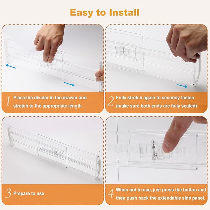 4 Pack Drawer Dividers for Clothes, 4" High 10"-17" Drawer Dividers Adjustable Expandable Dresser Drawer Organizers, Clear Dresser Separators for Clothes, Underwear, Baby Clothes, Cosmetic, Toiletries