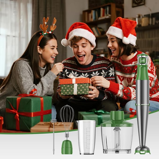 Immersion Blender Handheld Corded Hand Blenders Set 1100W, Trigger Variable Speed 5 in 1 Stick Emulsifier with Chopper, Whisk and Frother for Soup, Baby Food and Smoothies, Green