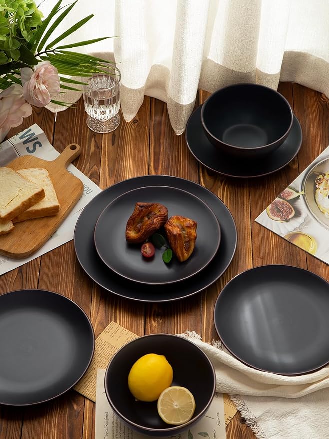 Famiware Venus Plates and Bowls Sets, 18 Pieces Stoneware Dinnerware Sets, Dishes Set for 6, Microwave and Dishwasher Safe, Matte Black