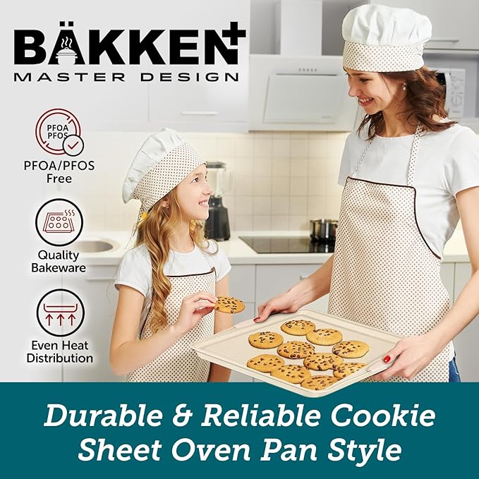 BAKKEN Cookie Sheets for Baking Nonstick Set - 3-Piece Stackable Carbon Steel Baking Sheet Pans Set with Silicone Handles, Non Toxic Cookie Sheets for Baking Bakeware Set - White Marble