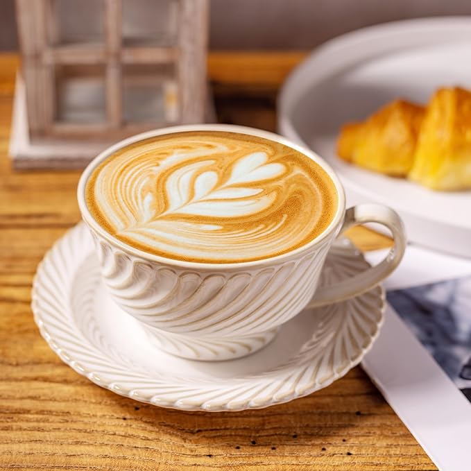 Latte Cup with Saucer, 12 OZ Cappuccino Cup Vintage Cafe Art Cups for Espresso Turkish Coffee, Farmhouse Latte Mugs Tea Cups and Saucers Porcelain Set for Baristas Great Gift