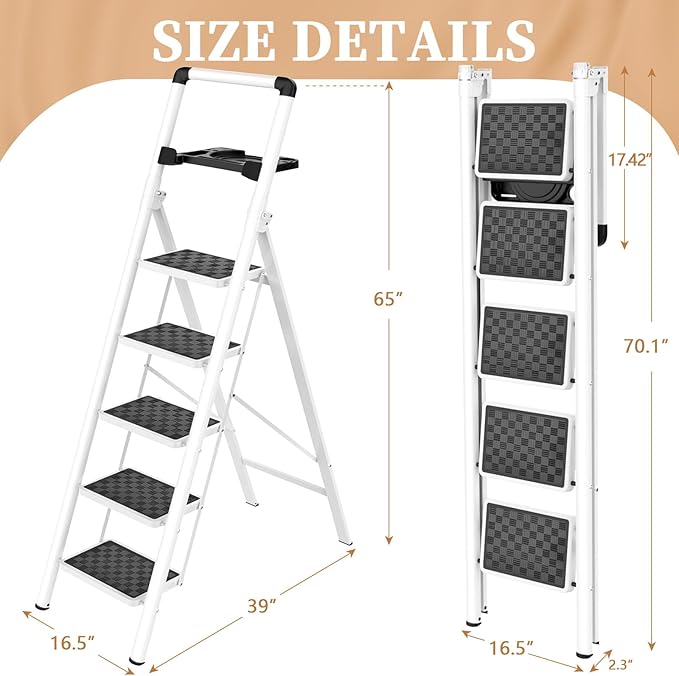 HBTower Step Ladder, Step Ladder Folding Step Stool, Portable Sturdy Steel Ladder Stool for Adults with Wide Pedals Home Outdoor Kitchen, White