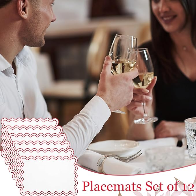 12 Set Linen Placemat 13x19 Wavy Embroidery Scalloped Placemat Double Layered Washable Farmhouse Dinner Table Mat Fabric Napkin for Christmas Hotel Restaurant Wedding Party(White&red)