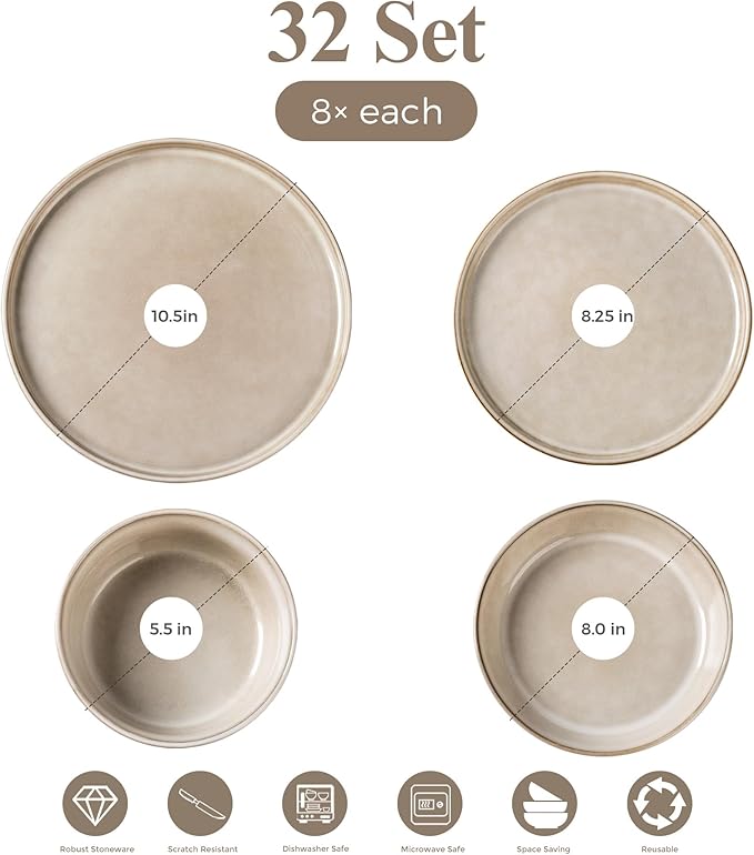 GBHOME 32 Pieces Double Bowls Ceramic Dinnerware Sets for 8, Stoneware Plates and Bowls Set with Reactive Glaze, Scratch Resistant Stoneware Dishes Set, Dishwasher & Microwave Safe