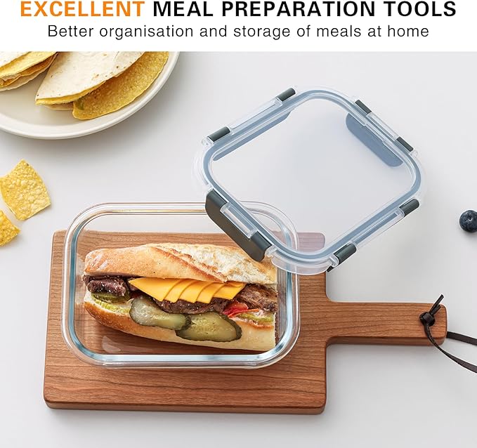 10 Pack 22 Oz Glass Meal Prep Containers with Lids, Reusable Glass Food Storage Containers with Lids, Leak Proof, Microwave, Oven, Freezer and Dishwasher Safe (Gray)