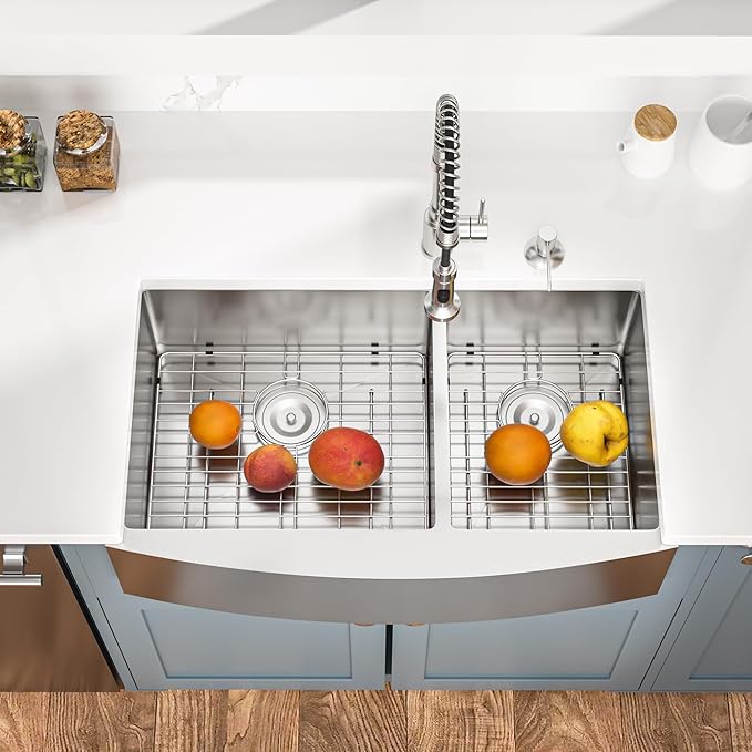 Mocoloo Stainless Farmhouse Kitchen Sink - 33x20 Inch Undermount Double Bowl Kitchen Sinks 16 Gauge Stainless Steel 60/40 Apron Farm Kitchen Sinks, 10 Inch Basin
