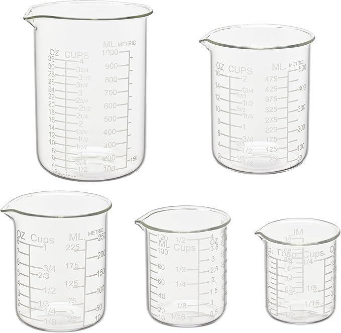 Ackers Etching Scale Glass Measuring Cup Set-V-Shaped Spout,Includes 60ml(2OZ), 120ml(4OZ), 250ml(8OZ), 500ml(16OZ), and 1000ml (32OZ) for Kitchen or Restaurant, Easy to Read