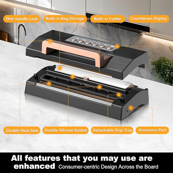 5.0 Precision Food Vacuum Sealer Machine, Commercial Full Automatic Vacuum Sealer Machine, Deluxe Powerful Vacuum Sealing System, Double Heat Seal, Built-in Cutter&Storage, 2 Bag Rolls&Hose,Sous Vide