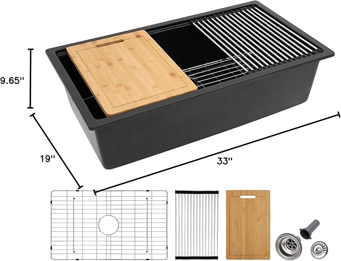 33 Granite Composite Kitchen Sink - Fulorni 33"x19" Granite Kitchen Sink Undermount Ledge Workstation Matte Black Quartz Classic Under Counter Single Bowl Sink Basin, FL-GRUS33B