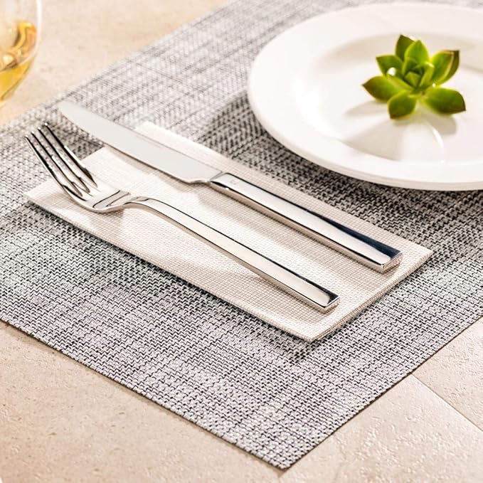 Restaurantware Carmel Mesh 16 x 12 Inch Table Placemats Set Of 6 Woven Washable Placemats - Heat Tolerant No Stain White Vinyl Kitchen Placemats With Black Threads Easy To Clean