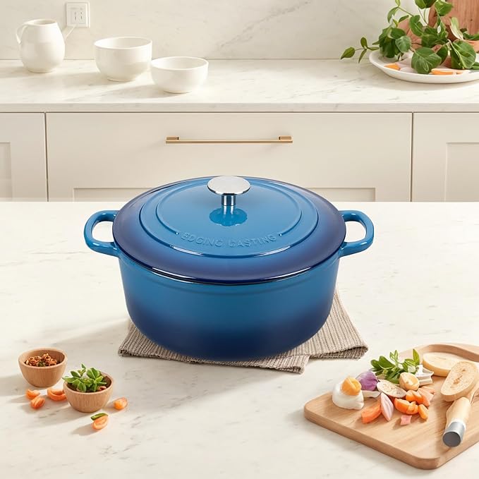 Enameled Cast Iron Dutch Oven Pot with Lid, 7 Quart, Round Dutch Ovens for Bread Baking, Bread Oven, Oven Safe up to 500°F, Lake Blue