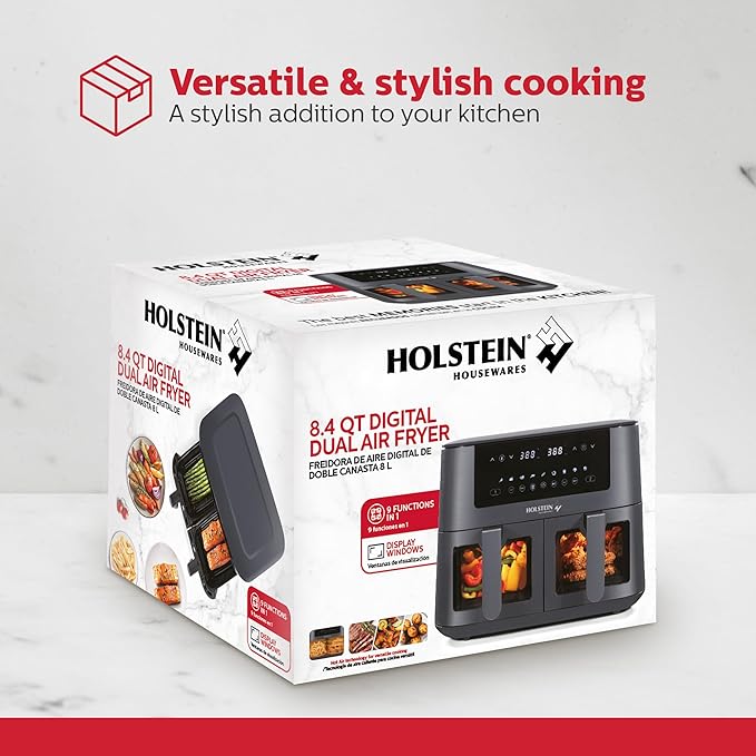 Holstein Housewares 8.4 QT Dual Basket Digital Air Fryer with LED touchscreen – Family Size Viewing Windows, Air Technology for Less Oil Use, Fry, Bake, Grill Roast, 8-in-1 Appliance