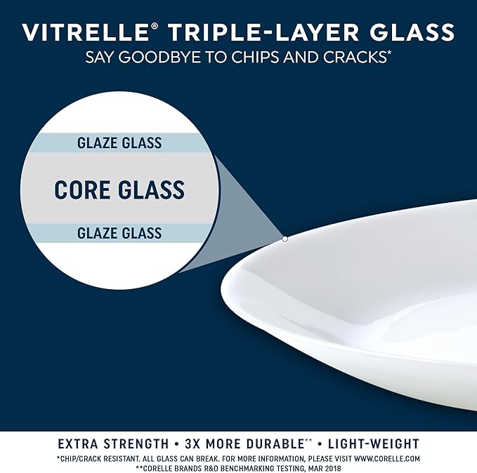 Corelle Vitrelle 18 Piece Glass Dinnerware Sets Service for 6, Triple Layer Chip & Crack Resistant Glass Plate and Bowl Sets, Laila