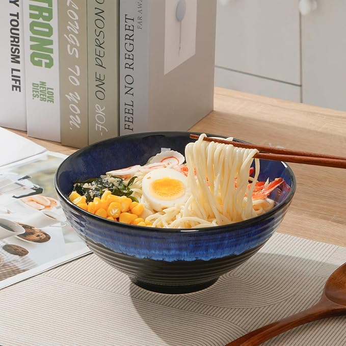 NUTRIUPS Set of 2 Ceramic Ramen Bowls with Spoons & Chopsticks, 40oz Large Soup Bowls for Udon, Miso, Noodles (Ocean Wave)