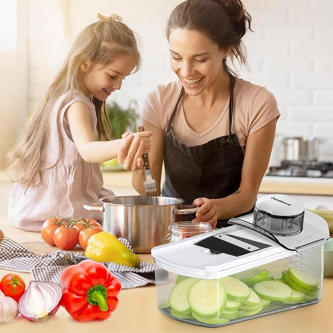 Ourokhome Vegetable Mandolin Slicer, Hand Safe Kitchen Food Shredder with 6 Mandoline Blades, Veggie Waffle Cutter for Potato, Carrot, Zucchini, Onion, Essential Kitchen Gadgets (6 in 1, White)