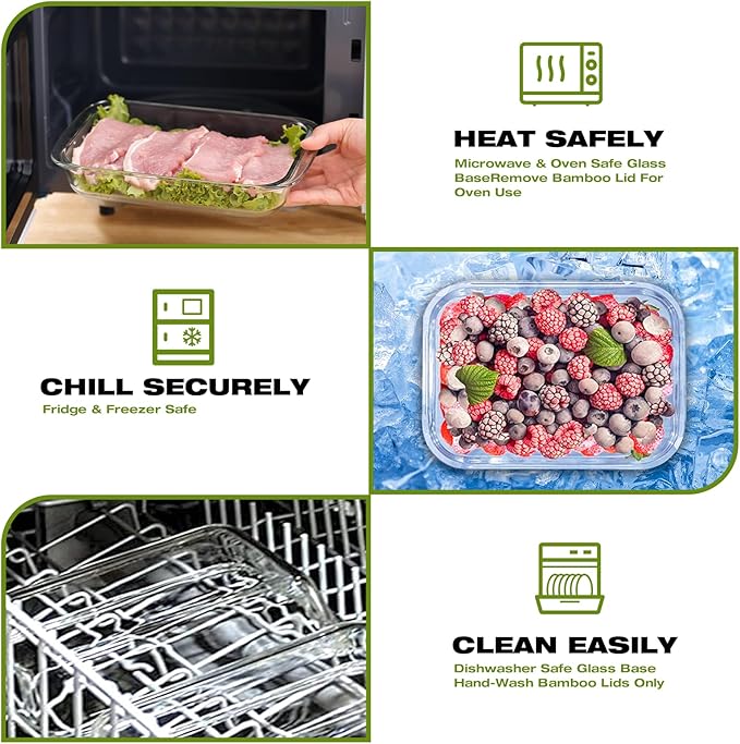 Airtight Glass Food Storage Containers with Bamboo Lids, Set of 4 Secure-Seal Containers for Meal Prep, 100% Leakproof, Plastic Free, Oven & Microwave Safe (4 Pack)