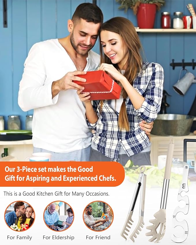 Silicone Spaghetti Spoon & Pasta Tong With Pasta Measurer, 3 Pack of Non-Stick Stainless Steel Handle Pasta Fork Set with Teeth, Food Clip for Easy Serving of Noodles (KHAKI)