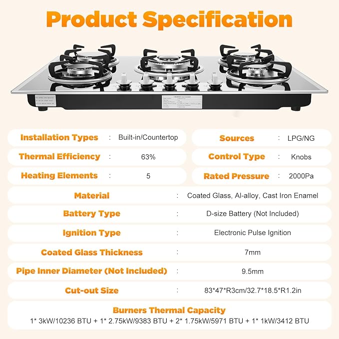 30 inch Gas Cooktop, 5 Burners Built-in Gas Stove with Push-button Rotary Switch, NG/LPG Convertible Cooktop for Home, Kitchen, Apartments and RV