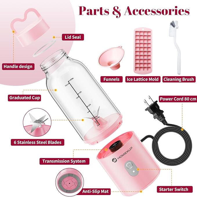 Portable Personal Blender 17 OZ/500 ML Juicer, 175W Personal Size Blender, Ideal for Smoothies, Ice Blending, Juicing, and Food Processing, Compact, Convenient, and Versatile (Pink)