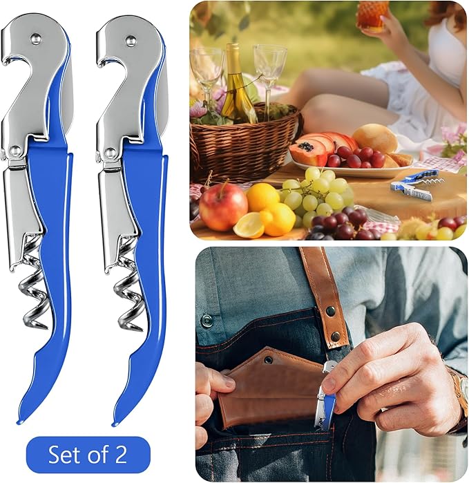 HYZ 2-Pack Wine Opener Waiter Corkscrew, Professional Wine Key for Servers, Bartender with Foil Cutter, Manual Wine Bottle Opener Double Hinged (Azure Blue)