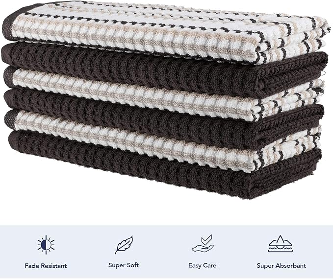 CRAFTSWORTH Kitchen Towels, 15 x 26 Inches, Pack of 6, 400 GSM, 100% Ring Spun Cotton, Solid & Stripe Beige Dish Towels Super Soft and Absorbent, Tea Towels and Bar Towels