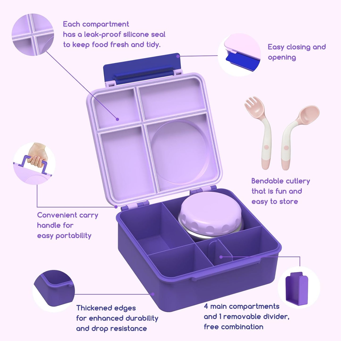 Bento Box for Kids - Leak-Proof Lunch Box with Insulated Thermos Food Jar - 4 Compartments, 1 Removable Divider, 1Spoon, 1 Fork - Dishwasher Safe, BPA-Free (Light purple)
