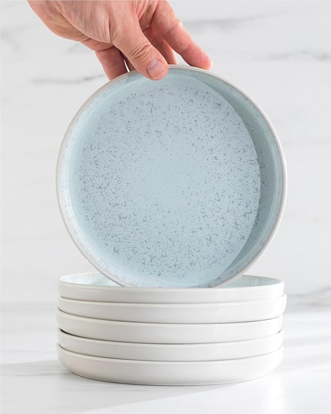 Stoneware pasta bowls set 4 pcs – 7.7" light beige & blue ceramic plates & salad bowls – Dishwasher and microwave safe – Large soup bowls stylish set – Dinner service Pure Living