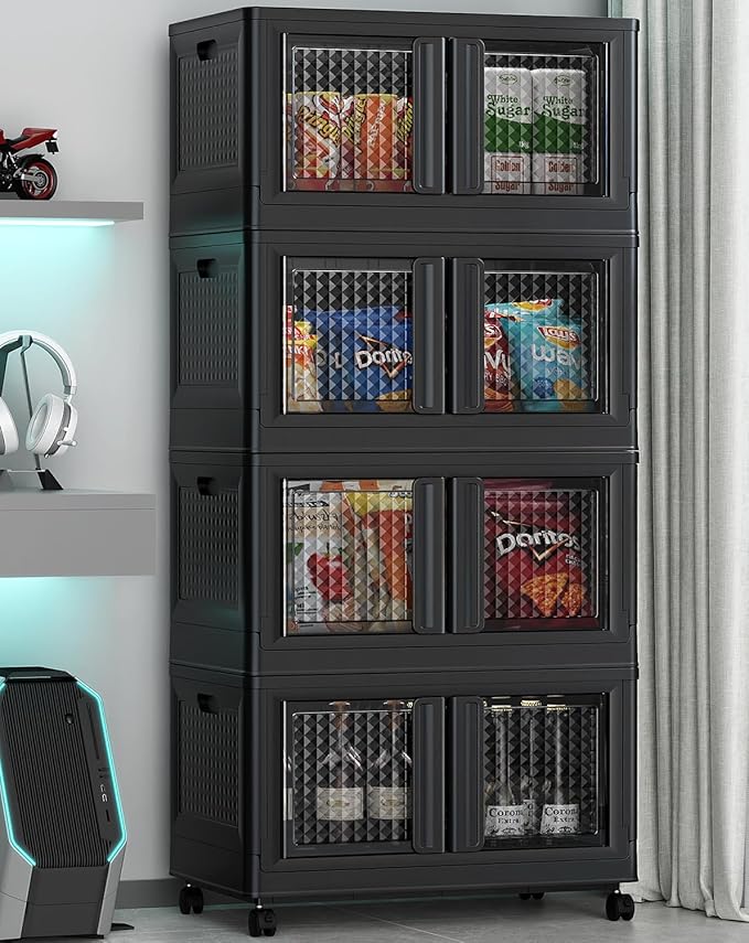 BROVIEW 400Qt Stackable Storage Bins with Lids, 100Gal Closet Organizers and Storage Drawer, Plastic Collapsible Storage Bins with Doors, Heavy Duty Store Box Cabinet for Home Kitchen, 4Pack Black