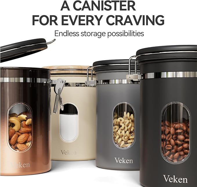 Veken Coffee Canister with Window,Airtight Stainless Steel Container,Home Kitchen Food Storage Organizers for Grounds,Beans,Espresso,Rice,Tea,Sugar,Flour, Cereal,Scoop,Bar Accessories,Gifts,22OZ,Black
