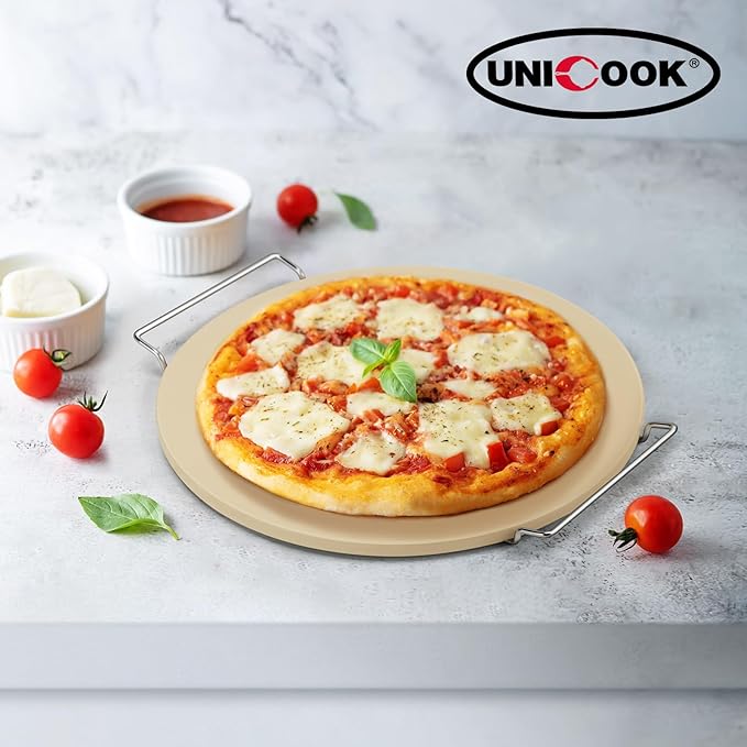 Unicook 15 Inch Round Pizza Stone for Oven and Grill, Oven Baking Stone for Bread, Cordierite Pizza Pan for Baking Crispy Bread, Pie and Cookies, Includes Carry Rack and Dough Scraper