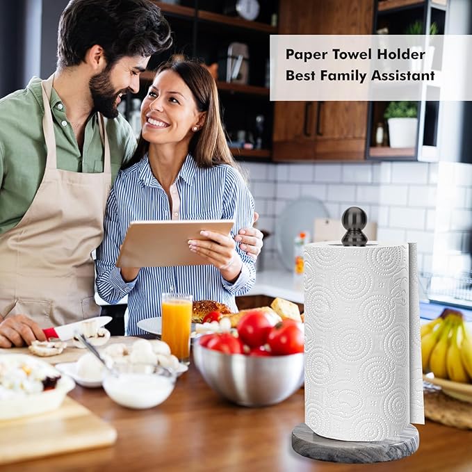 Black Paper Towel Holder Countertop with Heavy Marble Base, Standing Paper Towel Roll Holder for Kitchen Bathroom, with Weighted Base for One-Handed Operation
