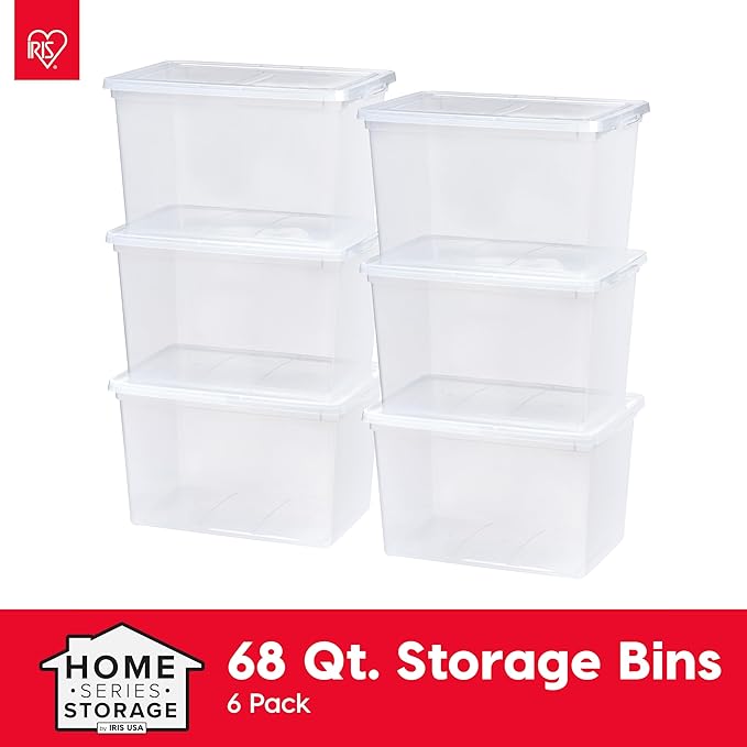 IRIS USA 6-Pack Storage Bins with Lids, 68 Quart, Clear Stackable Containers Box Organize Shoes Closet Shelves Clothes Blankets Towels - BPA-Free Plastic