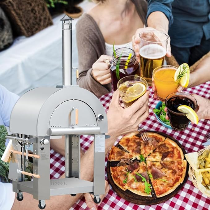 32.5 inch Propane Gas and Wood Fired Pizza Oven with Open Shelf and Wheels, Large Outdoor Oven for BBQ, Grilling, Stainless Steel Pizza Oven for Outdoor, Backyard and Party (Silver without Cover)