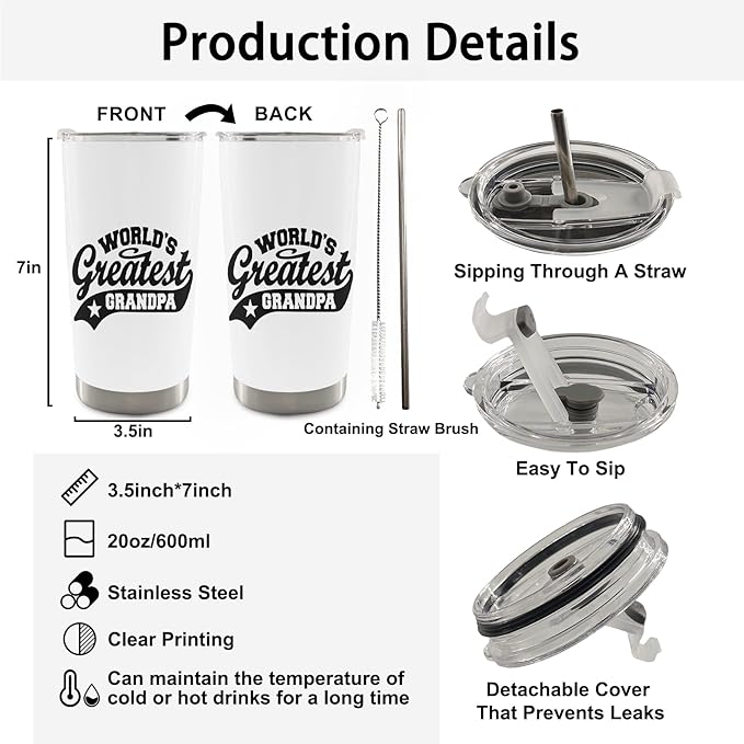 QASHWEY Grandpa Gifts Coffee Tumbler - Gifts for Grandpas, Grandpas Travel Tumbler Coffee Mug for Grandfather, World's Greatest Grandpa Stainless Steel Tumblers with Straw and Lid 20 oz