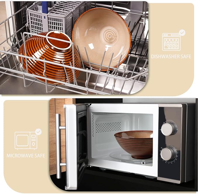 NUTRIUPS 8 Inch Ceramic Ramen Bowl Set of 2 Pho Bowls 40oz Japanese Noodle Udon Soup Bowls with Spoons and Chopsticks (Sunbaked Clay)