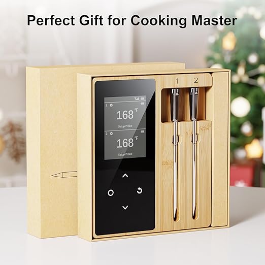 Wireless Meat Thermometer Digital with 2 Probes, Long Range Bluetooth Food Thermometer with Smart APP Alerts for Cooking, Grill, AirFryer, Perfect for BBQ Chicken Turkey