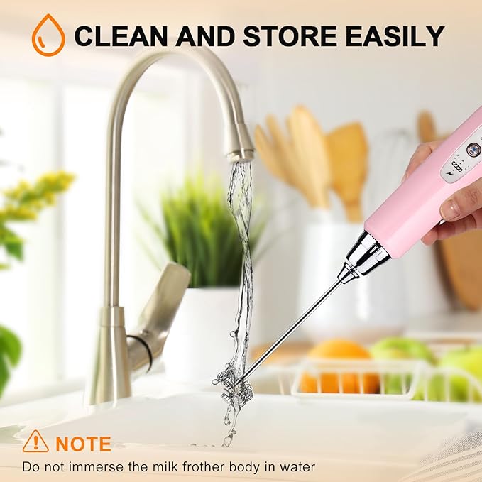 YUSWKO Pink Milk Frother Handheld with 3 Heads, Coffee Whisk Drink Foam Mixer with USB Rechargeable 3 Speeds, Electric Hand Frother for Latte, Cappuccino, Hot Chocolate, Egg