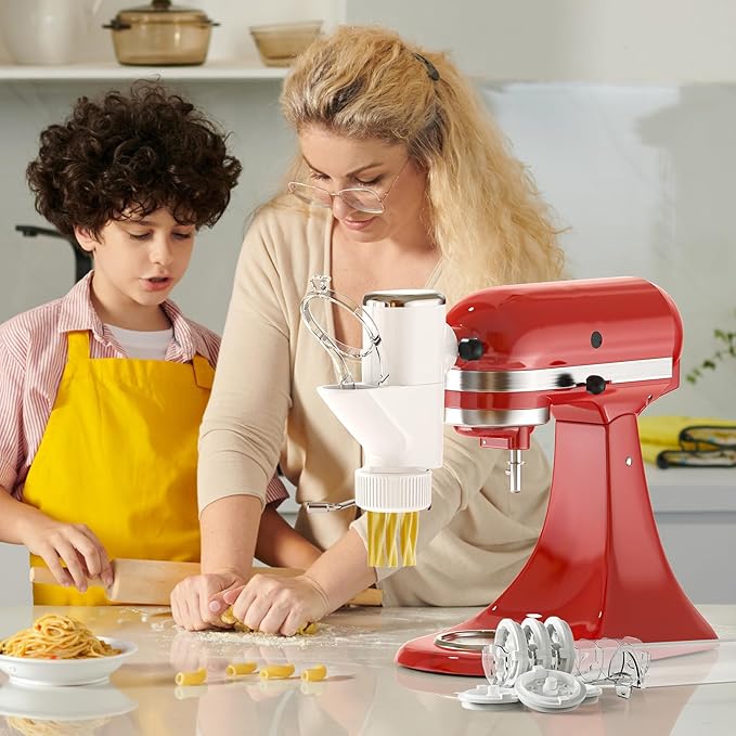 Cofun Gourmet Pasta Press Attachment for KitchenAid Stand Mixer, Pasta Maker with 7 Interchangeable Plates to Make 7 Pasta Shapes, Easy to Use & Easy Clean Pasta Attachment for KitchenAid Stand Mixer