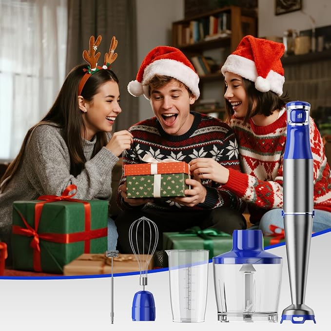 Immersion Blender Handheld Corded Hand Blenders Set 1100W, Trigger Variable Speed 5 in 1 Stick Emulsifier with Chopper, Whisk and Frother for Soup, Baby Food and Smoothies, Royal Blue