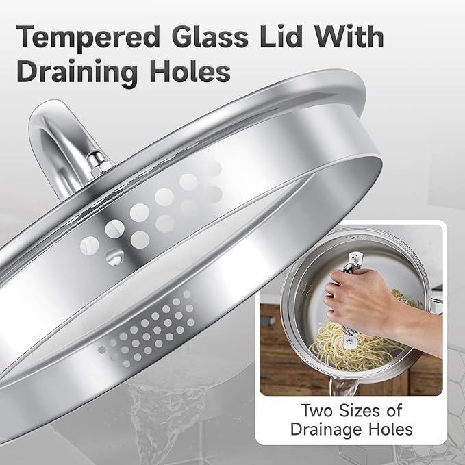 1.5 Quart Stainless Steel Saucepan with Glass Strainer Lid, Thicken Tri-ply Full Body, Multipurpose Sauce Pot with Two-Size Drainage Holes Lid, Perfect For Boiling Gravies, Pasta, Noodles