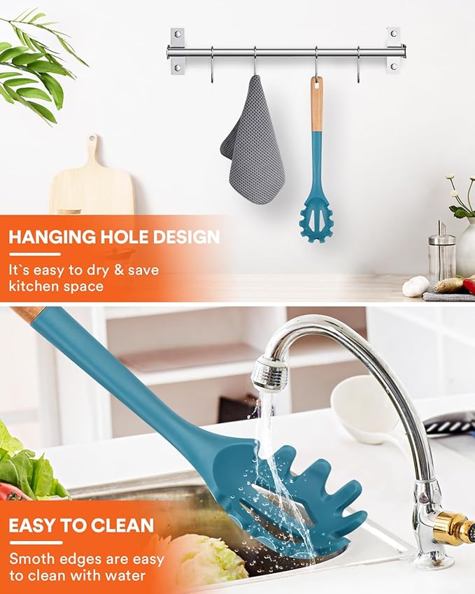 Silicone Pasta Fork, Kitchen Heat Resistant Noodle Spoon Server, BPA Free Spaghetti Strainer,12.8 inch (BLUE)