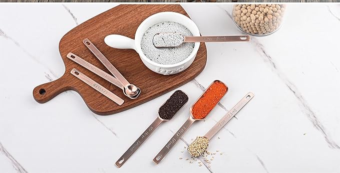Copper Measuring Spoons Set, 6 Metal Measuring Spoons With Leveler, Long Handle Stainless Steel Measuring Spoons for Dry & Wet Ingredients During Kitchen & Baking