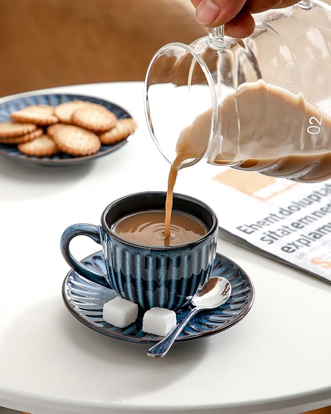 Hasense 4 Oz Espresso Cups with Saucers Set of 4, Ribbed Cappuccino Cups Ceramic for Coffee,Espresso,Double shot,Latte and Macchiato, Demitasse Cups Set Aesthetic Gift, Blue