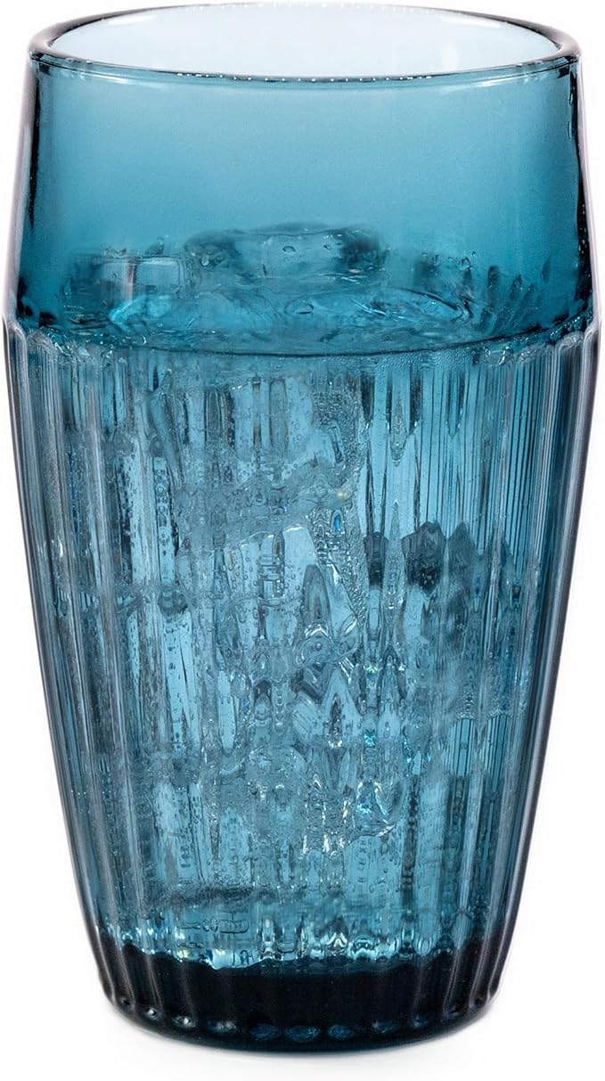 Blue Drinking Glasses Set Of 4-14 oz Vintage Aesthetic Colored Water Tumblers, Thick Glass Heavy Duty Ribbed Glassware, Retro Drinkware Home Bar Cocktail Cups, Kitchen Drink Cup Gift Sets