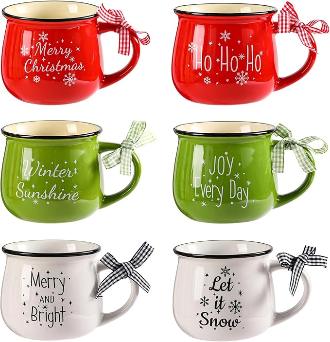 6PCS Christmas Coffee Mugs Set - 12 oz Ceramic Holiday Mugs for Hot Cocoa & Winter Beverages - Christmas Gift for Family, Friends, Women, Home Decor