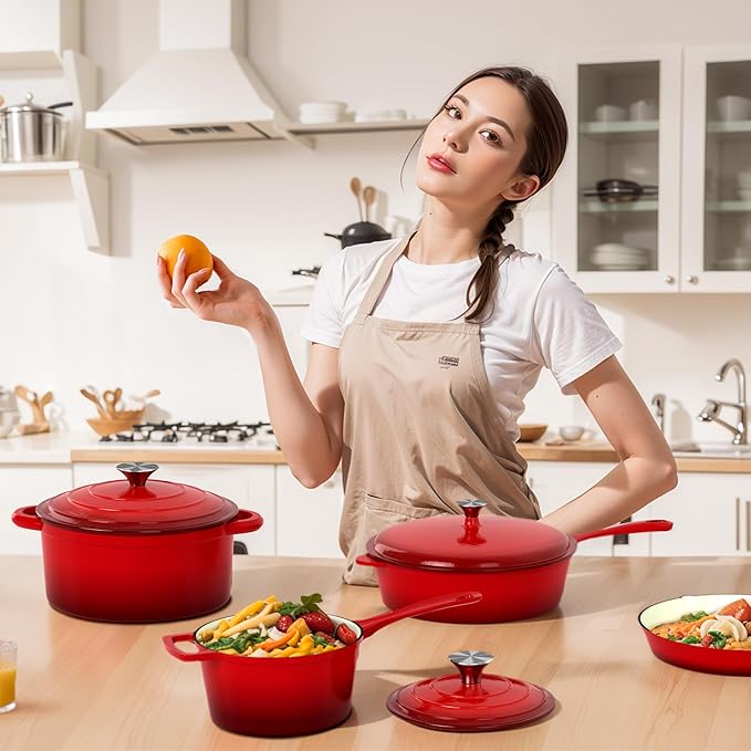 DishDelight Enameled Cast Iron Cookware Set, 7 Piece Set of Dutch Ovens, Sauce Pan, Skillet, 3 Lids, Ceramic Coated Cast Iron Dutch Oven Set, Pots and Pans Set Nonstick, Red