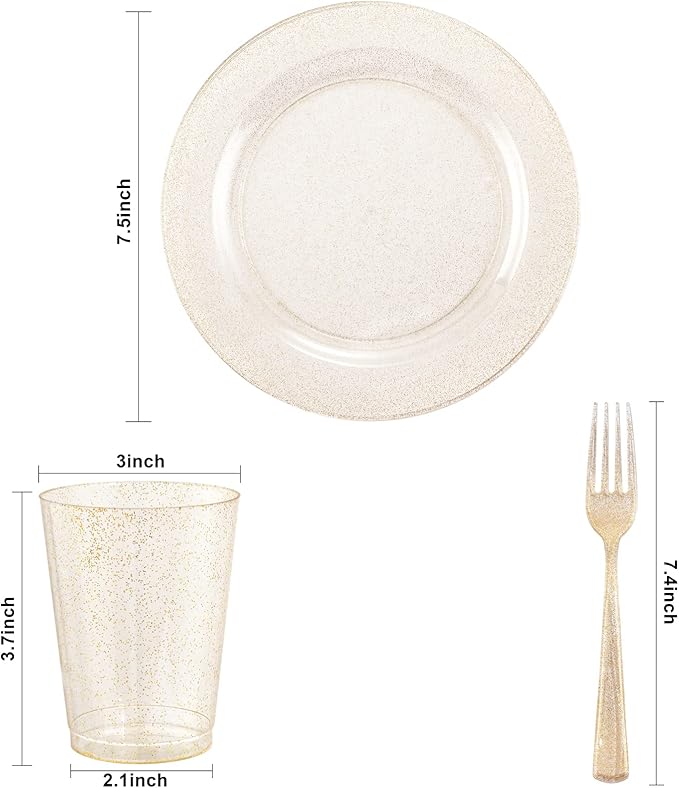 WELLIFE 150-Piece Gold Glitter Disposable Party Tableware Set for 50 Guests-Includes 50 Dessert Plates,50 Plastic Forks & 50 Cups-Elegant Plastic Plates for Wedding,Birthday,Anniversary(Gold Glitter)