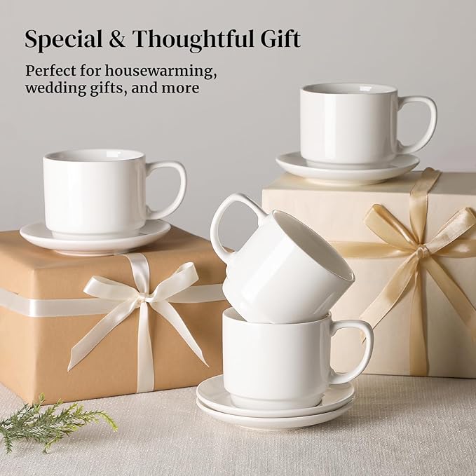 DOWAN 12oz Coffee Mugs, Cappuccino Cup and Saucer Set of 4, White Ceramic Coffee Cups for Latte/Tea/Milk, Tea Cups for Use in Office, Home and Cafes, Microwave Safe