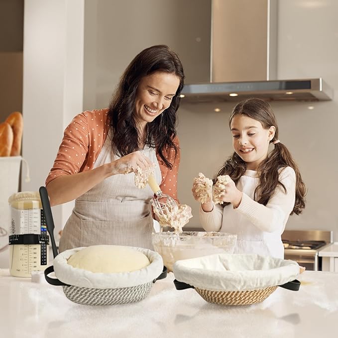 Handmade Cotton Rope Banneton Bread Proofing Basket Set, 50oz Sourdough Starter Jar - Oval & Round Bread Baskets, Sourdough Starter Kit, Bread Making Tools Kit, Black